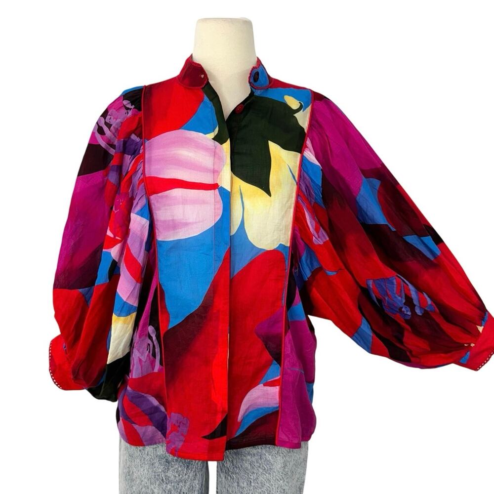 Farm Rio Watercolor Floral 3/4 Balloon Sleeve  Blouse Button-Down Top S